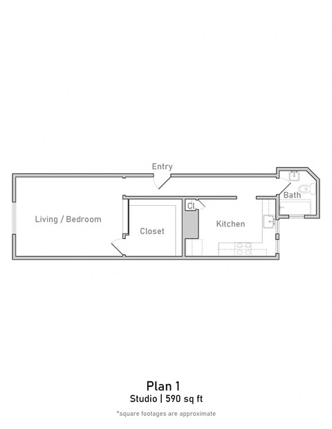 Floor plan for studio, 1 bath, 591 sqft